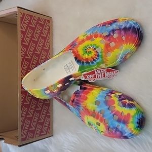 VANS Slip-On Trk RARE Tie Dye Plastic Cut Out Rainbow Pride Loafer Boho Shoe NEW